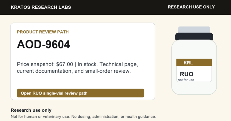 AOD-9604 RUO review path social card. Research use only. Not for human or veterinary use.