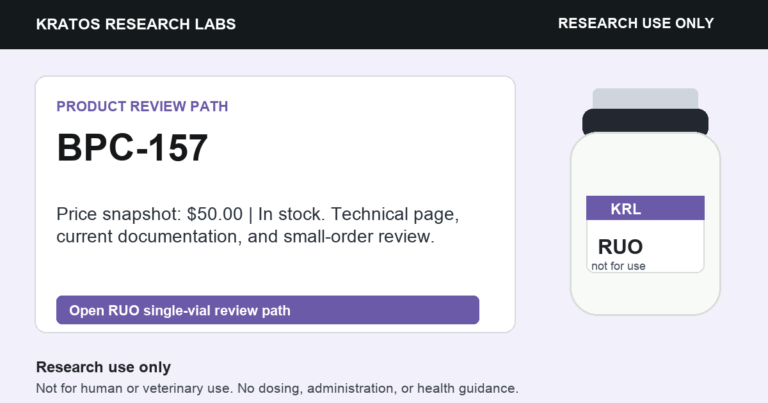 BPC-157 RUO review path social card. Research use only. Not for human or veterinary use.