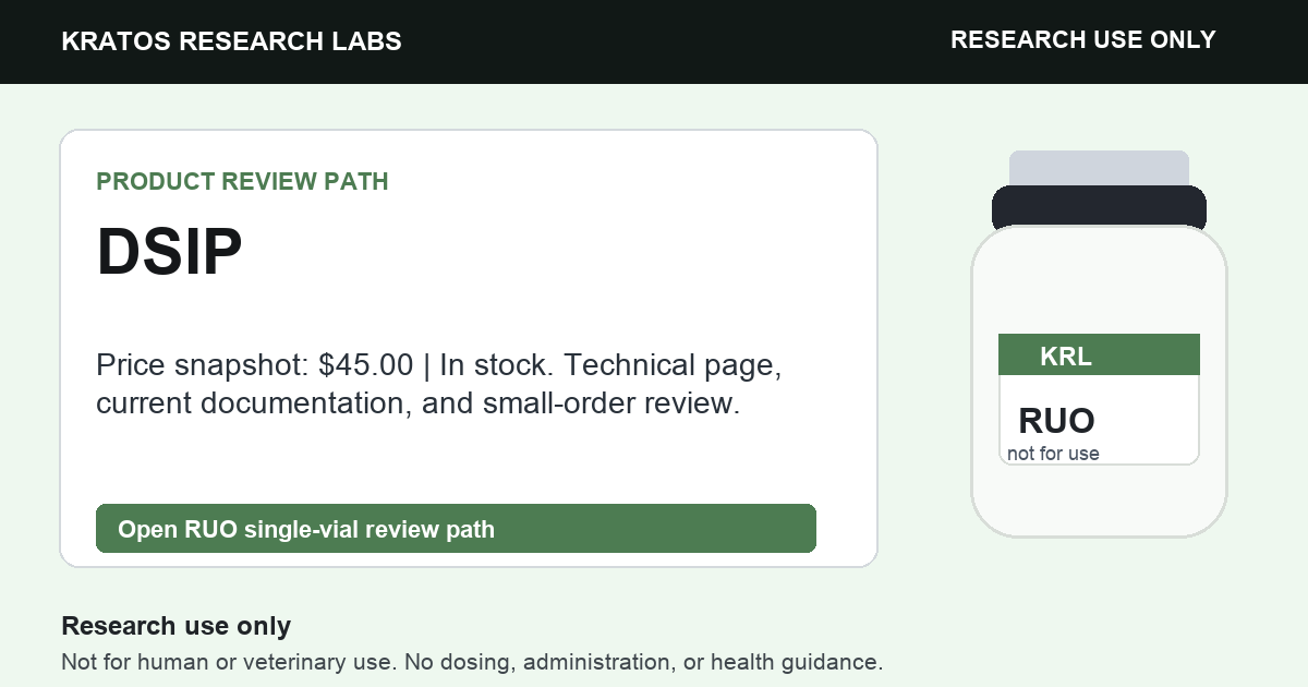 DSIP RUO product review card. Research use only. Not for human or veterinary use.