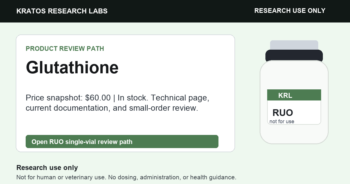 Glutathione RUO product review card. Research use only. Not for human or veterinary use.