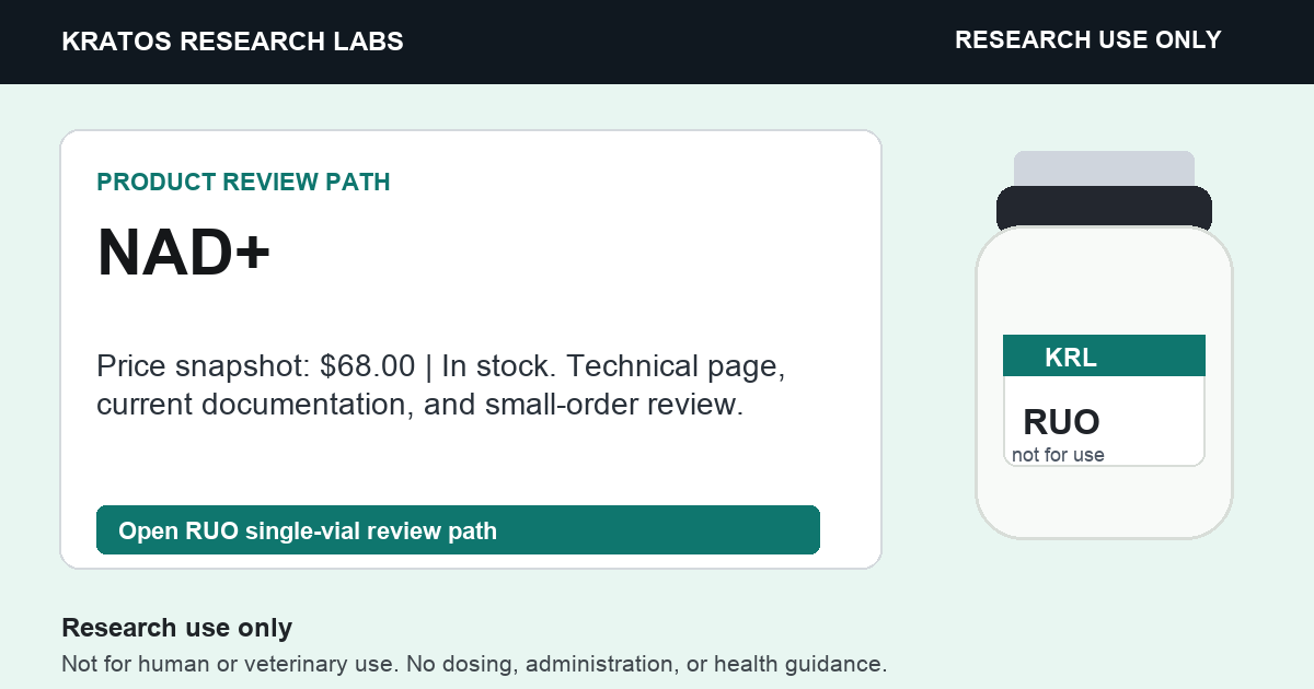 NAD+ RUO product review card. Research use only. Not for human or veterinary use.