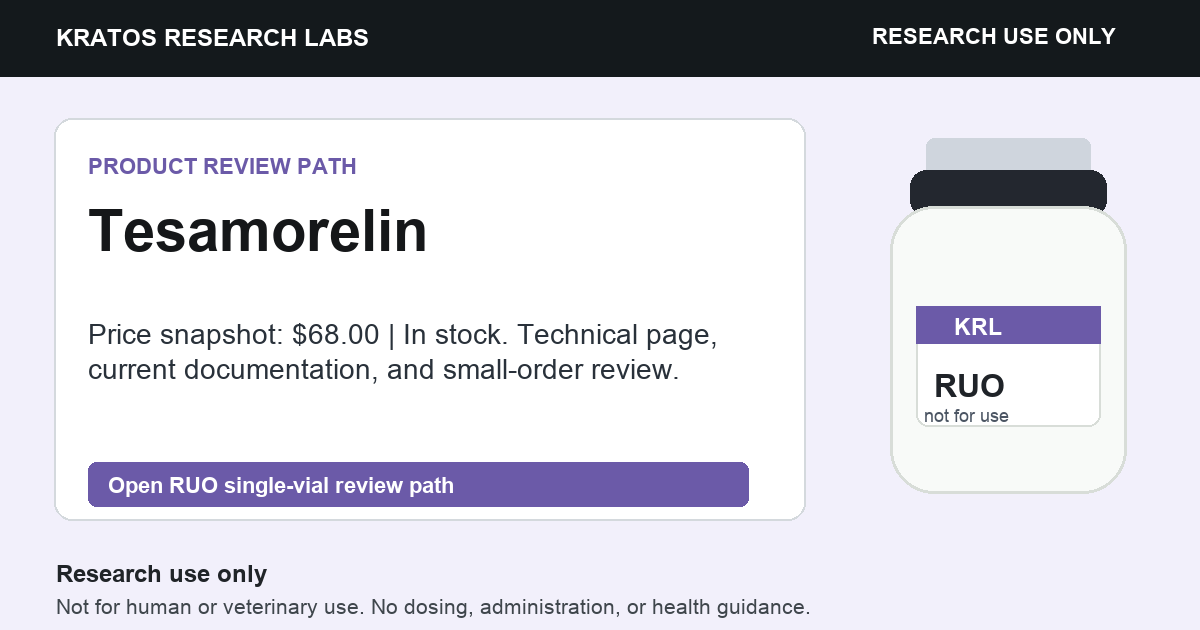 Tesamorelin RUO product review card. Research use only. Not for human or veterinary use.