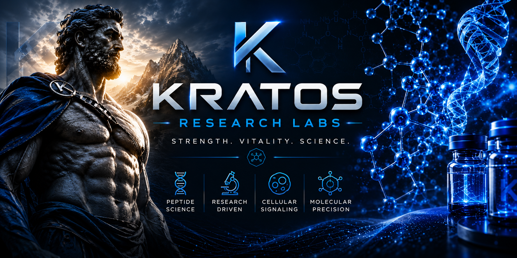 Kratos Research Labs header image with molecular science and laboratory branding
