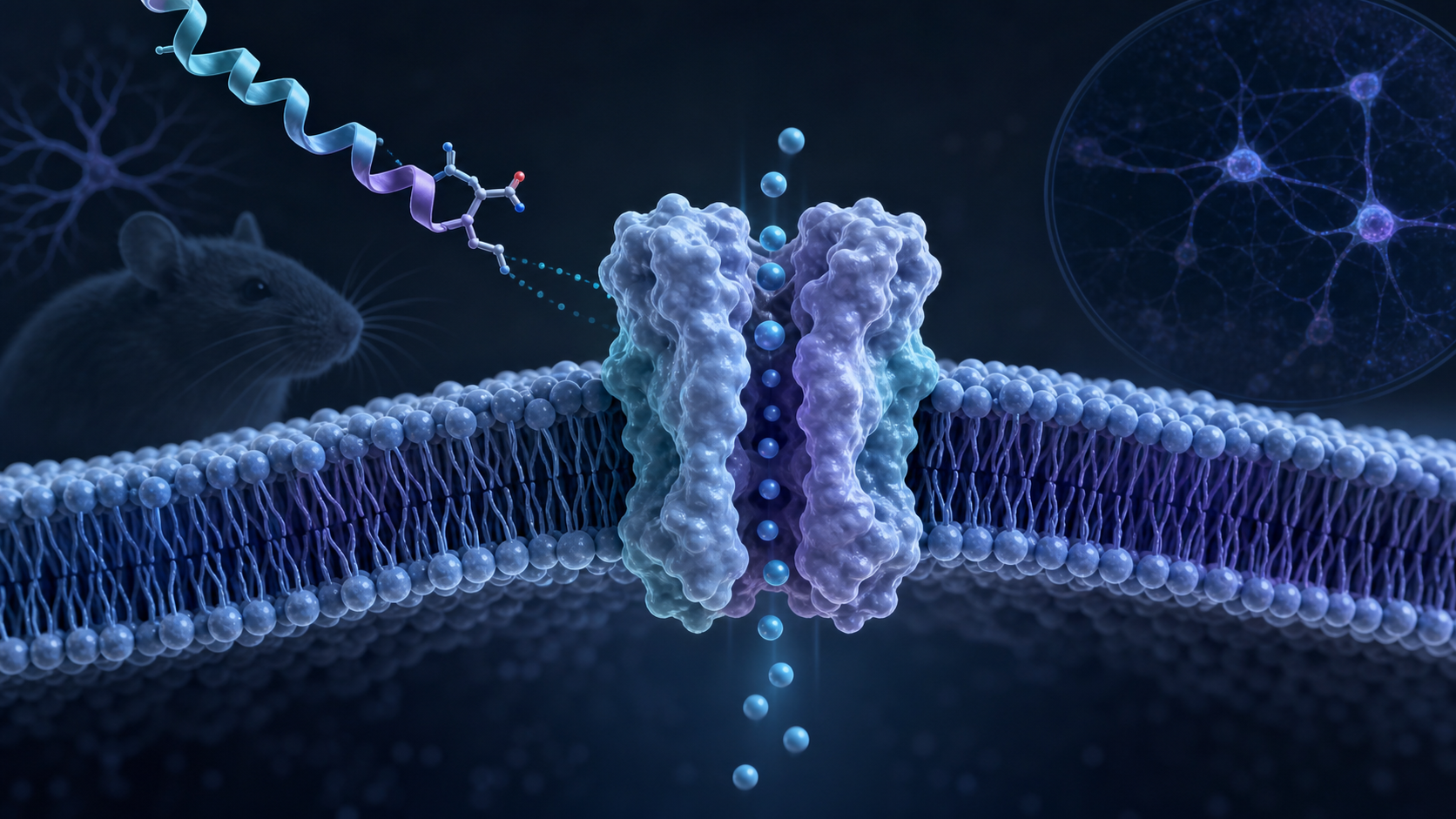 Scientific illustration of a peptide approaching a neuronal potassium channel with mouse and cell-model context